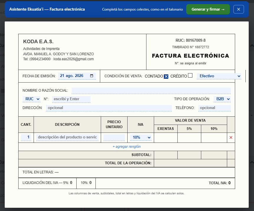 La extensión mostrando la factura con formato de talonario dentro de Ekuatia'i